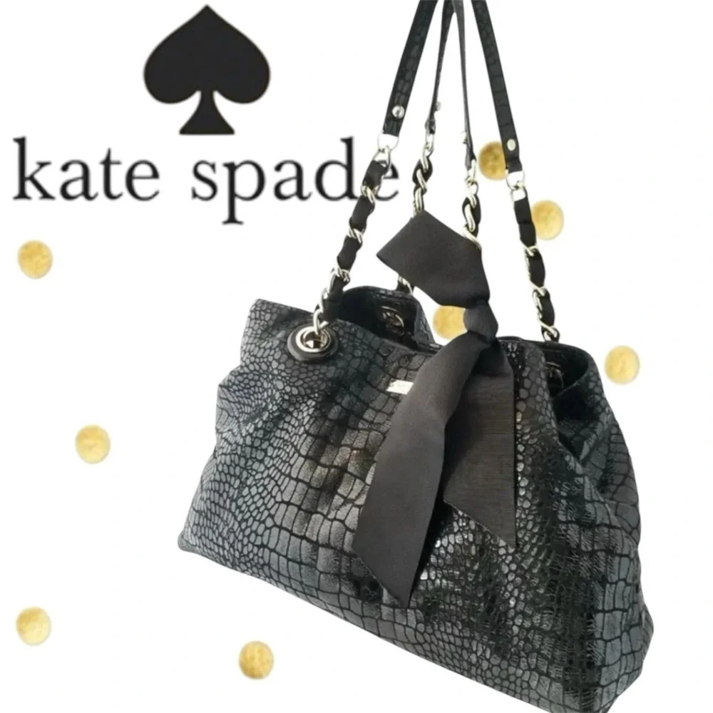Kate Spade Y2K Black Patent Leather Croc Pattern Shoulder Bag Satchel Tote EUC